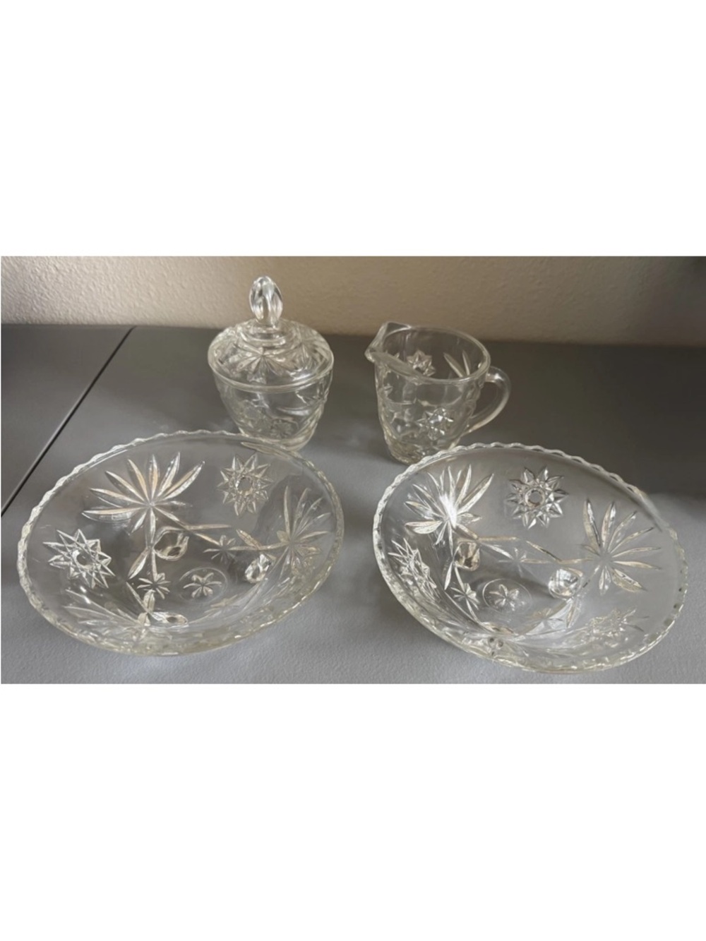 MCM Atomic Starburst Glass Creamer Sugar & Footed Berry Bowls 4pc Set Vintage